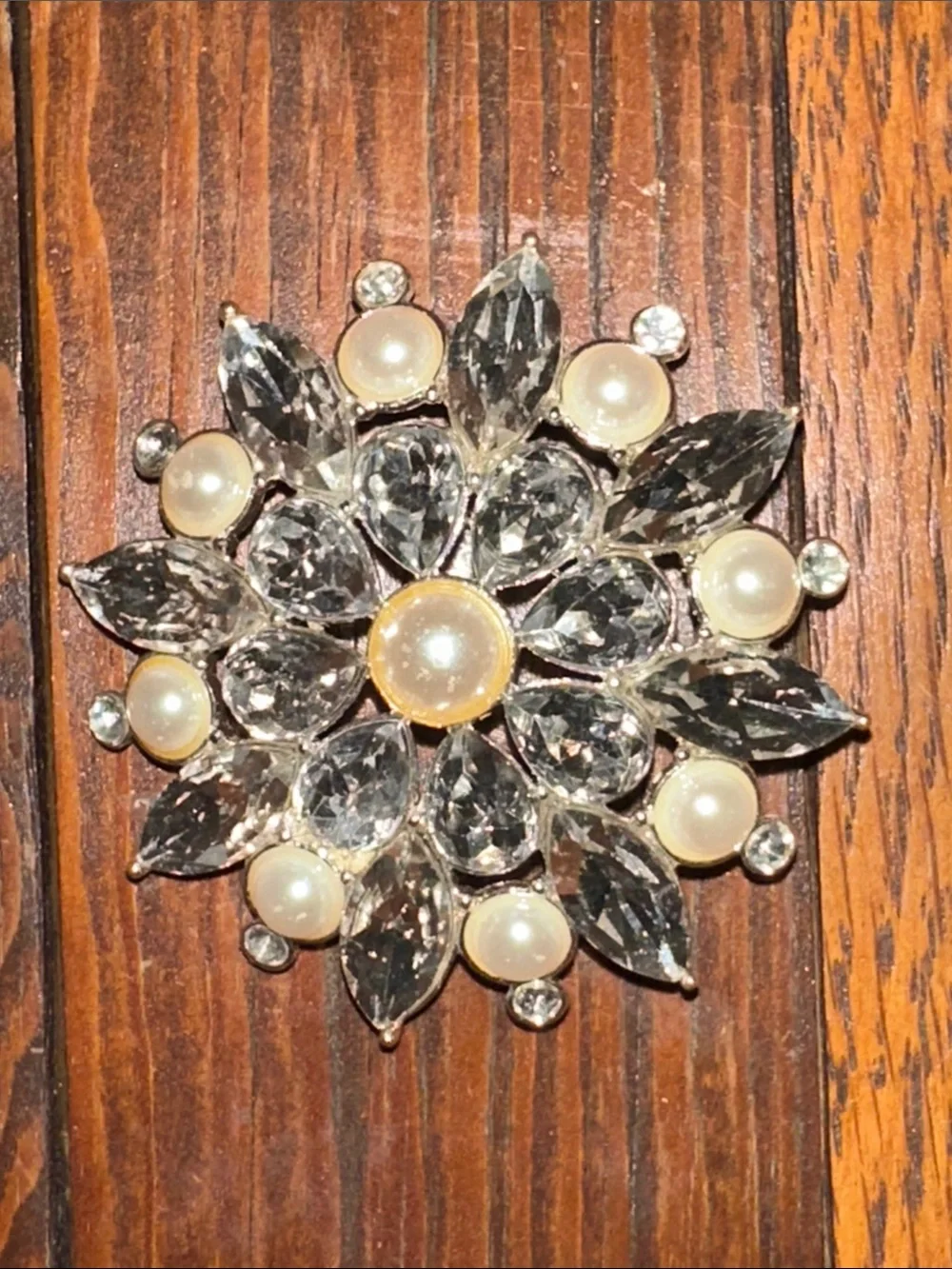 Avon Silver-Tone Crystal and Pearl Floral Brooch